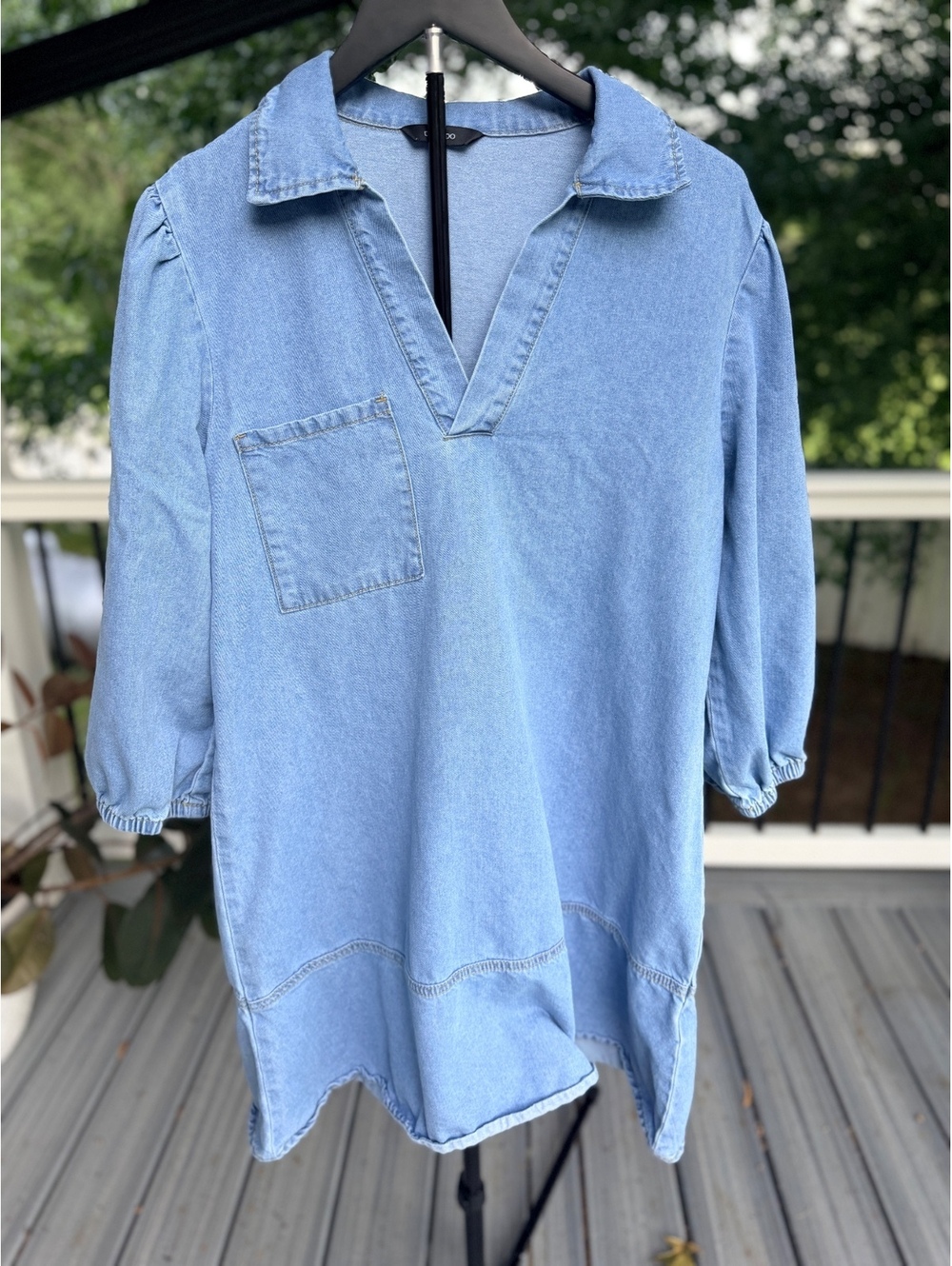 Dokotoo Light Blue Denim Tunic with V-Neck and Pocket